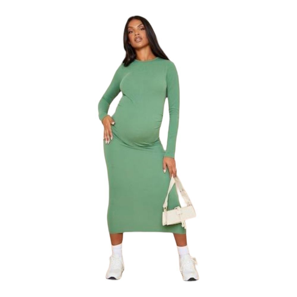 PrettyLittleThing NWT Maternity Long Sleeved Ribbed Midi Dress in Olive